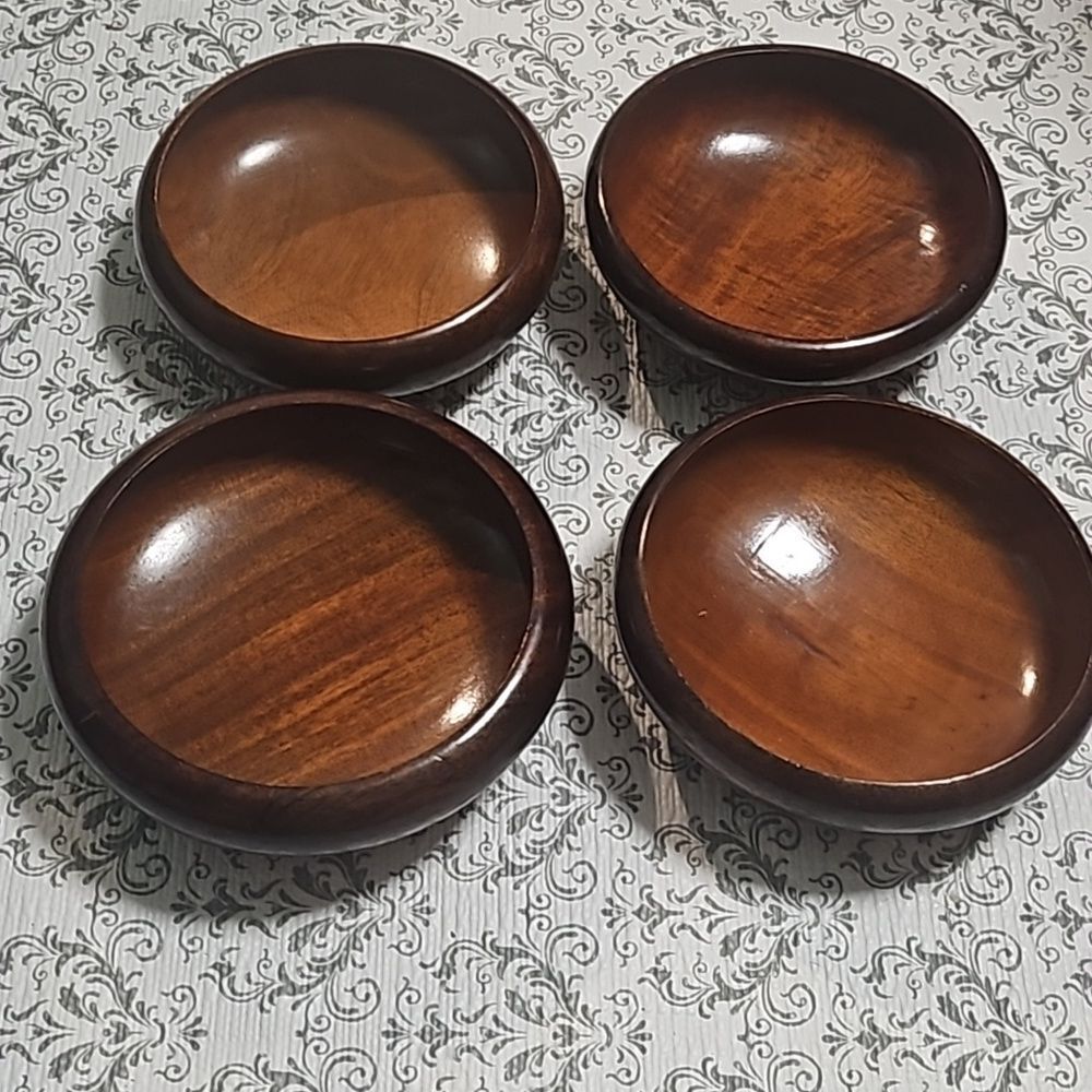 Vintage Simple Wood Dark Mahogany Salad Dinner Bowl Set of 4